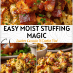 Golden moist homemade stuffing with bacon pieces served beside a roasted turkey.